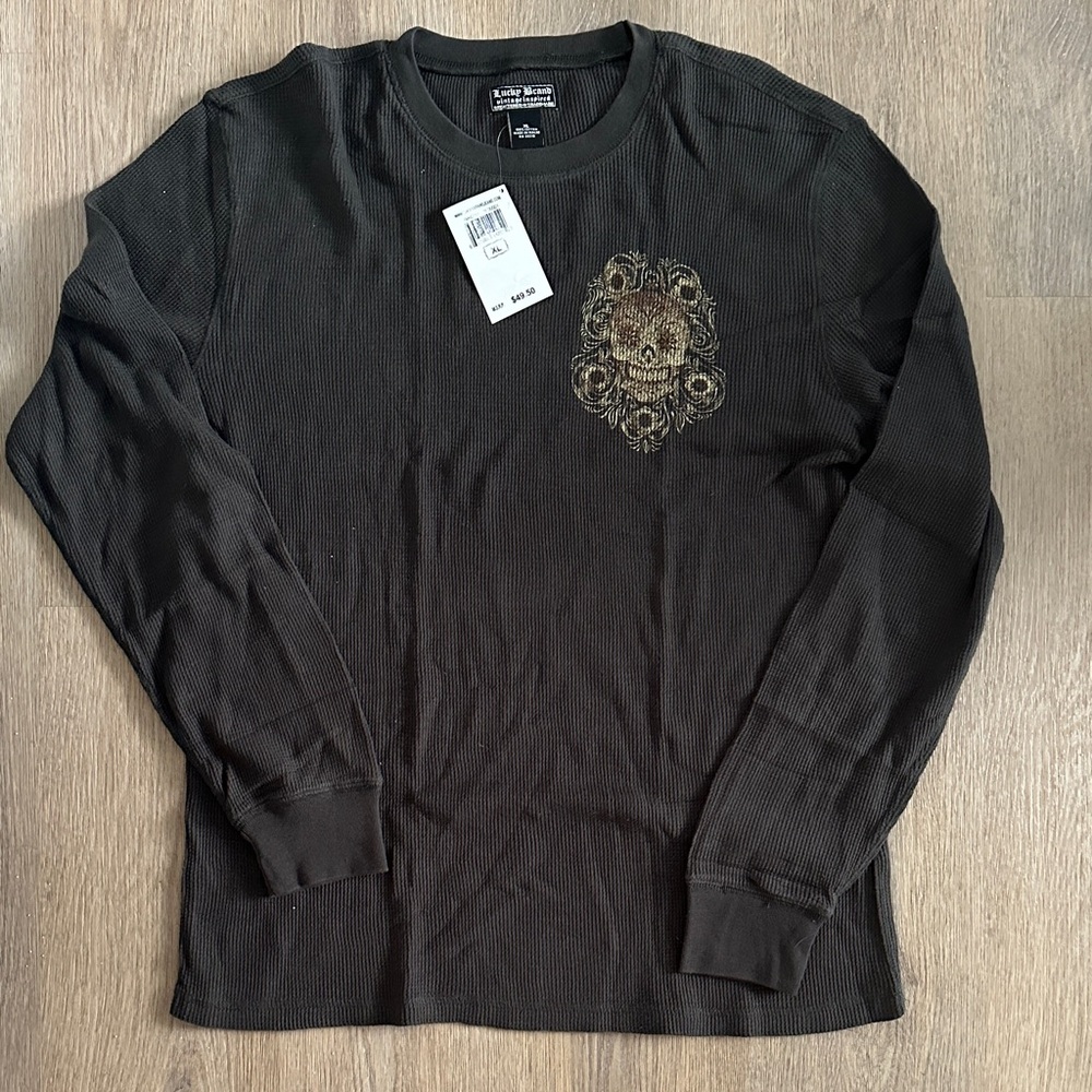 Lucky Brand Black Long-Sleeve Thermal Tee with Ornate Skull